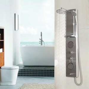 55" Stainless Rainfall Shower Panel W/ Massage Jets High Quality Sleek Durable Shower System with Non-slip Shampoo Rack BA7198