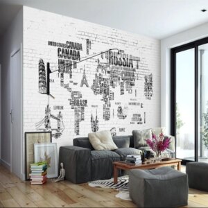 Hd Wall Mural World Map Hand Drawn Nordic Designs White Brick 3d Wallpaper Home Decoration