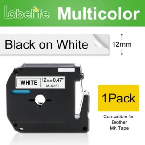 Labelife M-K231 Compatible for Brother M-K231 MK131 MK 631 MK-831 black on white 9/12mm laminated label tapes for PT-80 PT-70