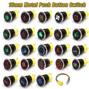 12/24V 16mm LED Indicator Warning Light Lamp Dash Panel Metal Push Button Switch Momentary Latching on off for car yacht ship