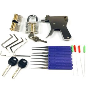 2PCS Transparent Lock with Lock Tool Gun,12pcs Broken Key Remove Picking Tool Tension Tool,Best Locksmith Tools Practice PickSet