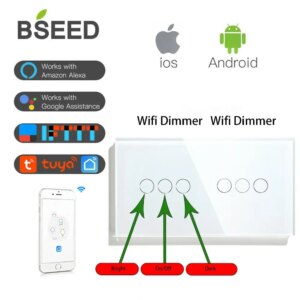 Bseed WIFI Dimmer Switch Double Wall Dimmable LED Smart Crystal Touch Panel White Black Golden Wireless Smart Life TUYA App