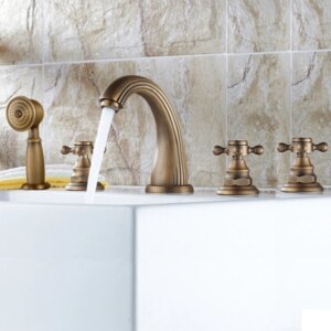 European antique all-copper bathtub five-piece five-hole hot and cold faucet split retro faucet with small shower