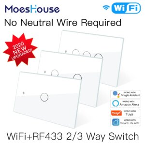 NEW WiFi Smart Light Switch RF433 No Neutral Wire Single Fire Smart Life Tuya App Control Works with Alexa Google Home 110V 220V