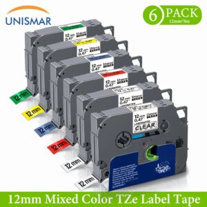 Unismar 6PCS TZe-131 TZe-231 TZe-431 TZe-531 TZe-631 TZe-731 Laminated Labeling Tape for Brother P-Touch PT-D210 PT-H100 PT-D600