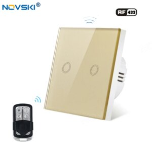 NOVSKI RF Touch Switch, RF 433Mhz Remote Control, Gold Crystal Glass Panel, 1/2/3 Gang Capacitive Touching, Portable Key Remote