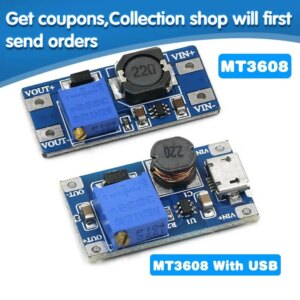 1PCS MT3608 DC-DC Adjustable Boost Module 2A Boost Plate Step Up Module with MICRO USB 2V-24V to 5V 9V 12V 28V