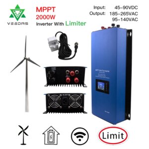 2000W MPPT Wind Power Grid Tie Inverter Pure Sine Wave With Limiter Sensor Dump Load 45-90VAC 230V For wind turbine Generator