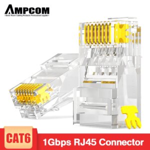 AMPCOM CAT6 RJ45 Modular Plug Connector UTP 50U Gold-Plated 8P8C Crimp End for Ethernet Cable, Bulk Ethernet Cable Connector