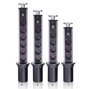 EU Plug 3/4/5/6 Power Kitchen Table Pull Up Electrical Socket 1 Led+2 charge USB Aluminum Shelf Silver/Black