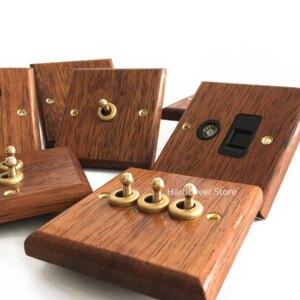 High Quality 86 Type Solid Wood Panel Wall Light Retro Brass Toggle Switch Wood Grain Electrical Switch Socket