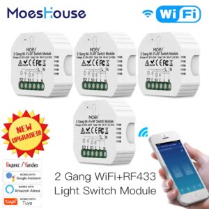 Moes 2 Gang DIY Smart WiFi RF433 Switch Module Smart Life/Tuya APP RF Remote Control,Works with Alexa Google Home 1/2 Way