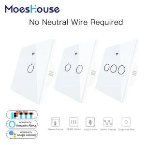 Single Fire WiFi Smart Wall Switch No Neutral Wire Needed Wireless Smart Life Tuya Remote Control Work With Alexa RF433 White