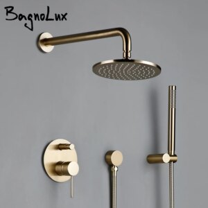 Solid Brass Brushed Gold Bath Bathroom Shower Head Rianfall Luxury Combo Faucet Wall-Mount Arm Hot And Cold Mixer Diverter Set