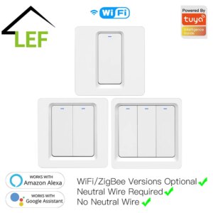 WiFi Smart Push Button Switch No Neutral Wire Required Smart Life Tuya APP Alexa Google Home Voice Control 1/2/3 Gang EU UK New
