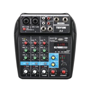 Wireless 4-channel Audio Mixer Portable Sound Mixing Console USB Interface MP3 Computer Input 48V Phantom Power Monitor for Home