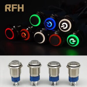 16mm Metal Push Button Switch High Head Ring Lamp Power Symbol Button Waterproof LED Light Self-Lock Self-Reset Button 1NO1NC