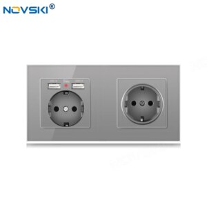 172 EU Standard DIY Double Frame Switch Socket, Schuko Plug Type, 2.1A Dual USB Charging Outlet, German Bayer Base, Grey Color