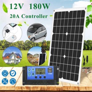 180W 12V Protable Solar Panel Kit 1/2 USB Port with 20A LCD Display Solar Charge Controller Off Grid Monocrystalline Module