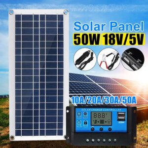 50W Solar Panel 12V 5V USB Portable Solar Panel Cells+ 10/20/30/40A Controller for Car Yacht RV Charging Outdoor Emergency Light