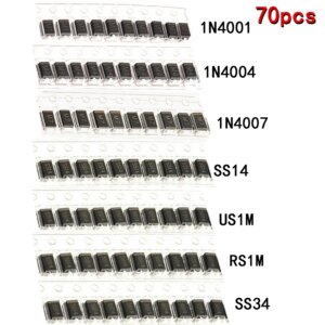 70pcs/lot SMD M1 1N4001 M4 1N4004 M7 1N4007 SS14 US1M RS1M SS34 7 Values*10pcs KIT schottky diode set kit pack package