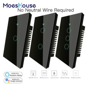 RF433 WiFi Smart Wall Touch Switch No Neutral Wire Needed Smart Single Wire Wall Switch Work with Alexa Google Home 170-250V