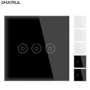 SMATRUL Wall Light Touch Sensor Switch No Neutral Wire Required 1 2 3 Gang 1 Way EU UK Power Crystal Glass Panel Screen 220V