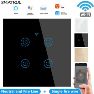 SMATRUL WiFi Touch Glass Wall Switch Light No Neutral Wire EU UK 1/2/3/4 Gang 220V Smart Life APP Timer Tuya Google Home Alexa