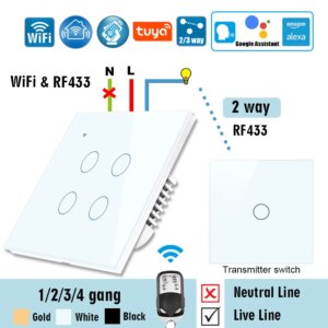 WiFi RF433 Smart Touch Switch 2-Way RF433 Wall Panel Transmitter, Wireless APP Control Light Switch Works with Alexa Googlehome