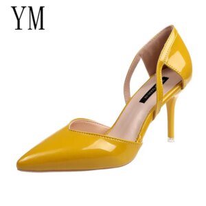 2019 Women Block High Heels Bridal Scarpin Pumps Ladies Pointed Toe Yellow khaki Plaza Heels Female Shoes Zapatos Mujer Leisure