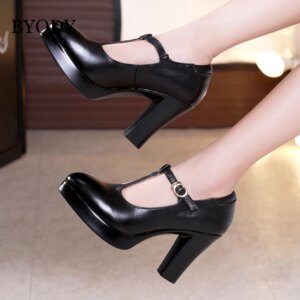 BYQDY Fashion Office Lady High Heel Shoes PU Leather Round Toe Shoes T-Strap Platform Hoof Heels Pumps Shoes Plus 42 For Party