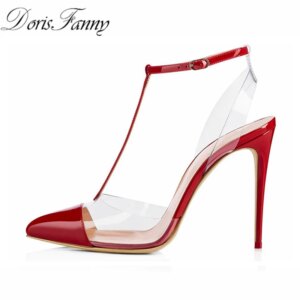 DorisFanny slingback heels pumps Red White Pointed toe t strap Clear high heels transparent heels women summer shoes