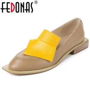 FEDONAS Brand 2020 Fashion Women Round Toe Square Heels Shallow Pumps Mixed Colors Genuine Leather Slip-on Shoes Woman Spring