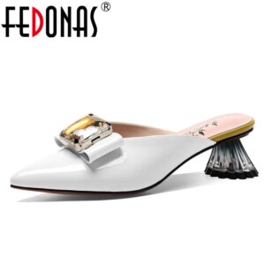 FEDONAS New Fashion Elegant Women Pumps Summer Genuine Leather Patent Leather Sandals Butterfly Knot Pointed Toe Shoes Woman
