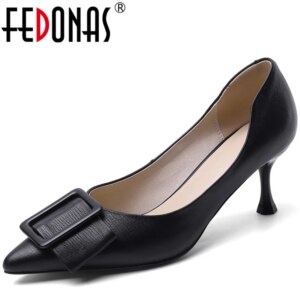 FEDONAS Women Pumps Cow Leather Prom Shoes Party Shoes Spring Summer bowtie Slip On Pointed Toe New Arrival 2020 Shoes Woman