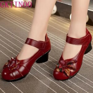 GKTINOO 2020 Spring and summer Ethnic Style Genuine Leather Handmade Shoes Women Mid Heels Pumps Round Toe High Heels