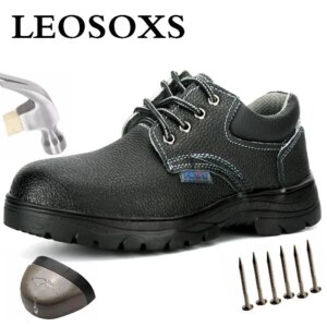 LEOSOXS New Men Steel Toe Work Safety Shoes Genuine Leather Puncture-Proof Protective Steel Mid Sole Men's Shoes Free Shipping