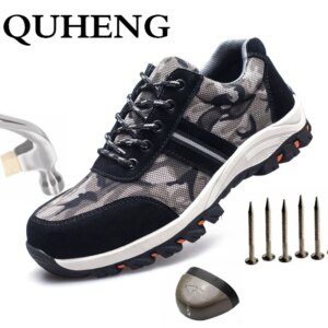 QUHENG Air Mesh Work Safety Boots Men New Design All Season Steel Toe Anti-smashing Men's Camouflage Military Boots Dropshipping