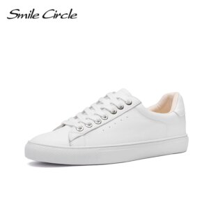 Smile Circle White Sneakers Women Genuine Leather Low-Heel Flat Platform Ladies Lace-Up Fashion White Shoes Women size 36-42