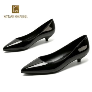 Top Quality Ladies Shoes Black Pumps Patent Leather 3CM Low Heel Shoe Nude Office Shoes Elegant Women Wedding Party Shoes K-221
