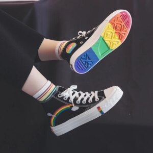 Women Fashion Vulcanized Shoes 2020 Women Sneakers New Retro Rainbow Canvas Shoes Ladies Flat Fashion Comfort High Top Shoes 1#