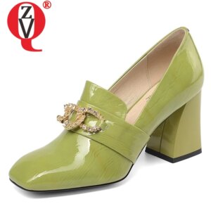 ZVQ hot sale women pumps 2019 spring new fashion patent leather shoes women high square heel slip-on square toe metal decoration