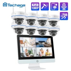 1080P 2MP 8CH Wireless CCTV Security System H.265 12 Inch LCD Screen NVR Dome Indoor Audio WIFI IP Camera Video Surveillance Set