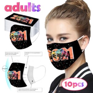 10PC Adult Disposable Mask 2021 Happy New Years Christmas Print 3 Layer Earring Mouth Caps Face Mask Non-woven Fabric Mascarilla