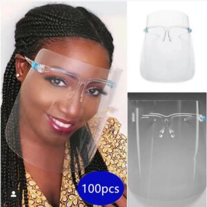Clear 100pcs Protective Head Wear Full Face Mask With Glasses Adult Face Shield Transparent Visor Work Safty Protection Anti-fog