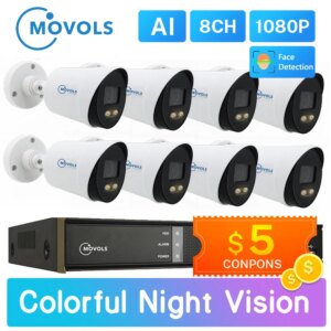Movols 2MP AI Colorful Night Vision CCTV Kit H.265+ Waterproof Video Surveillance System 8CH DVR 8PCS/4PCS Security Camera Set