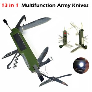 Outdoor Multifunction Army Knives Camping Survival EDC Pockets Tool with LED Light Compass Swiss Folding Knife Stainless Steel