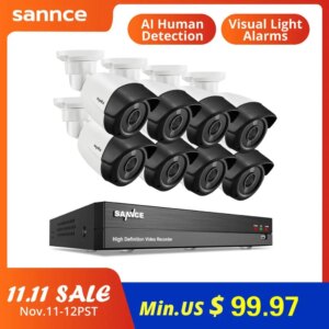 SANNCE 8CH 5MP-N Super HD Video Security System H.264+ DVR With 4X 8X 5MP Bullet Outdoor Waterproof CCTV Camera Kit AI Detection