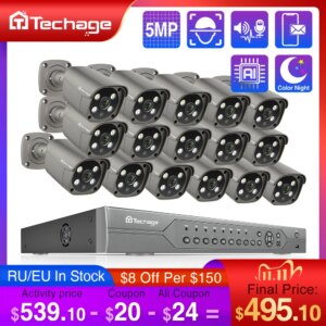 Techage 16CH 5MP POE NVR Kit Security Camera System Two Way Audio H.265 IP AI Camera Outdoor P2P CCTV Video Surveillance Set