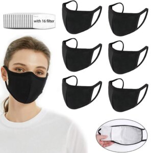 6Pcs Unisex Reusable Masks with 16 Filters Washable Mouth Mask Windproof Dustproof Face Cover Ear Hook Mouth Caps Black